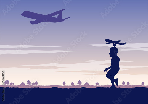 silhouette design of boy play model plane following real plane