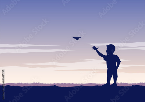 silhouette design of boy play paper plane