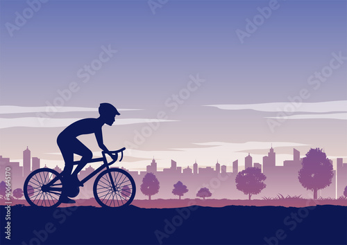 Silhouette of activities of people exercising with bike pass the park