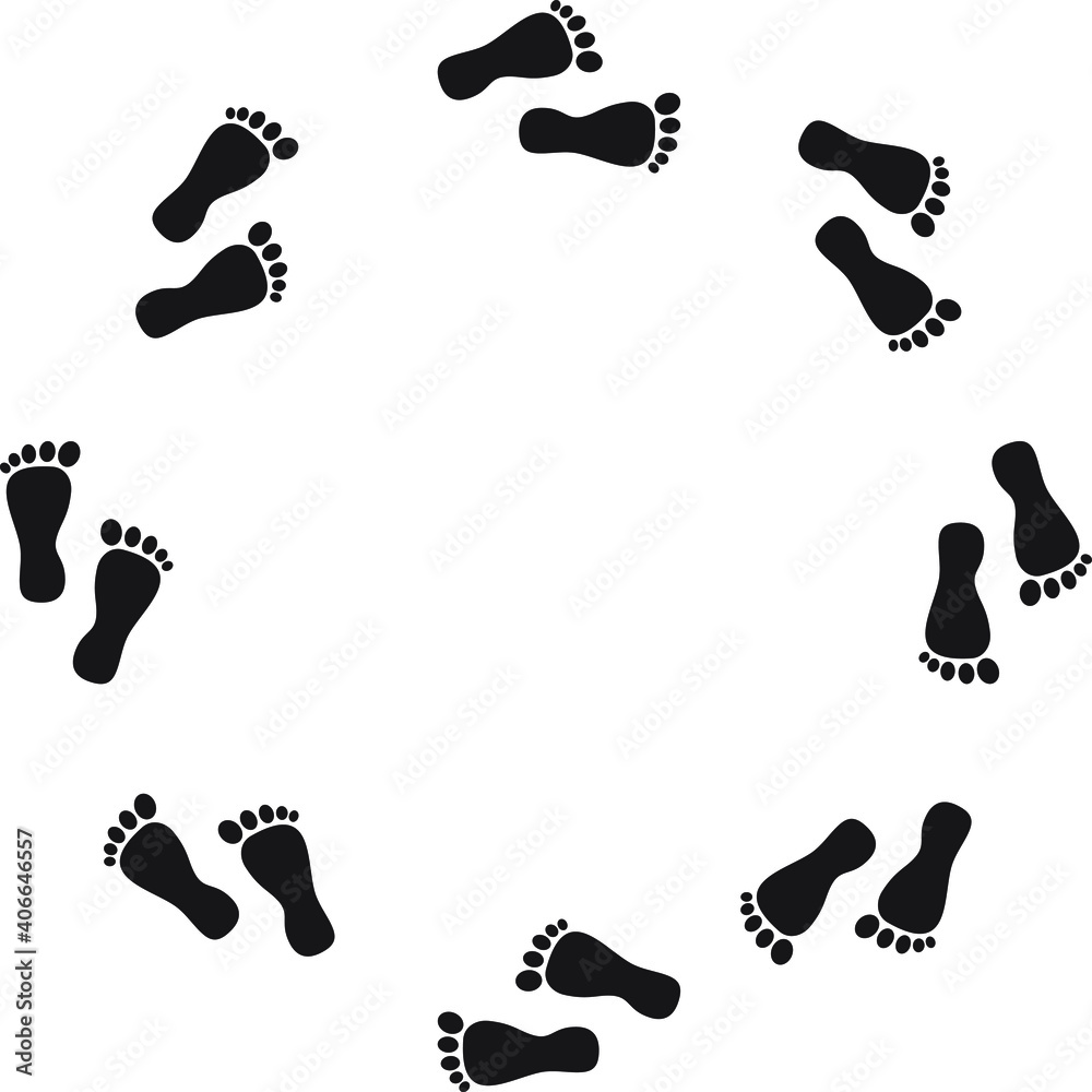 black human footprints running in a circle on a white background