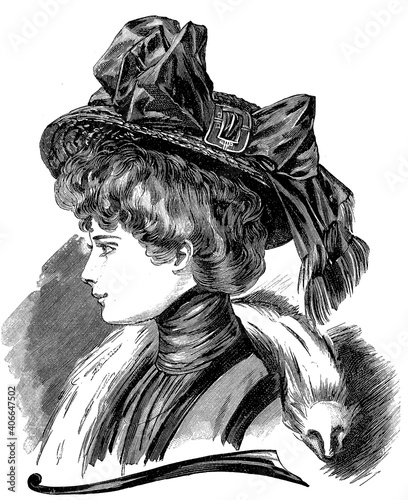 Ladies hat and hairdressing fashion 1907,  broad hats with bow, Gibson girl hairstyle with piled up hairs, chiffon blouse and white fox stole