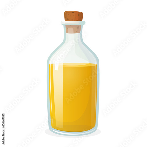 Olive Oil Bottle Isolated on White. Glass Bottle with Short Narrow Neck and Corkwood Screw Cap, Extra Virgin Cooking Oil