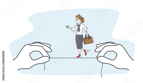 Businesswoman Character Walking and Balancing on Rope Hanging Between Huge Hands, Business Woman Trying to Survive