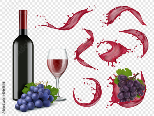 Wine splashes. Liquid red drops grapes bottles and glasses for alcoholic drinks vector realistic set. Wineglass and bottle red wine illustration