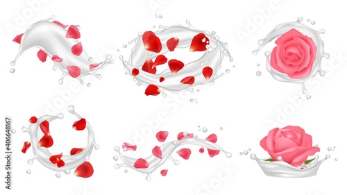 Cream splashes. Realistic roses, petals and white liquids, care cosmetics vector illustration. Beauty smudge with red petal, facial milky smear
