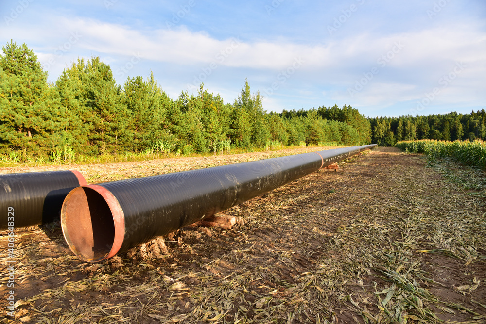 LNG pipeline construction project  for global exports of natural gas. Building of transit petrochemical pipe in forest area. Carry diluted bitumen and crude to international markets. Oil and gas