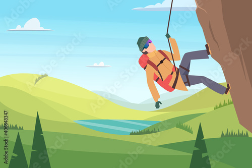 Mountain climbing background. Adult characters hiking in big rock extreme sport people vector adventure illustrations. Mountaineering climbing, mountain and alpinism achievement
