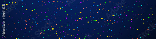 Festive fetching confetti. Celebration stars. Bright confetti on dark blue background. Admirable festive overlay template. Panoramic vector background.