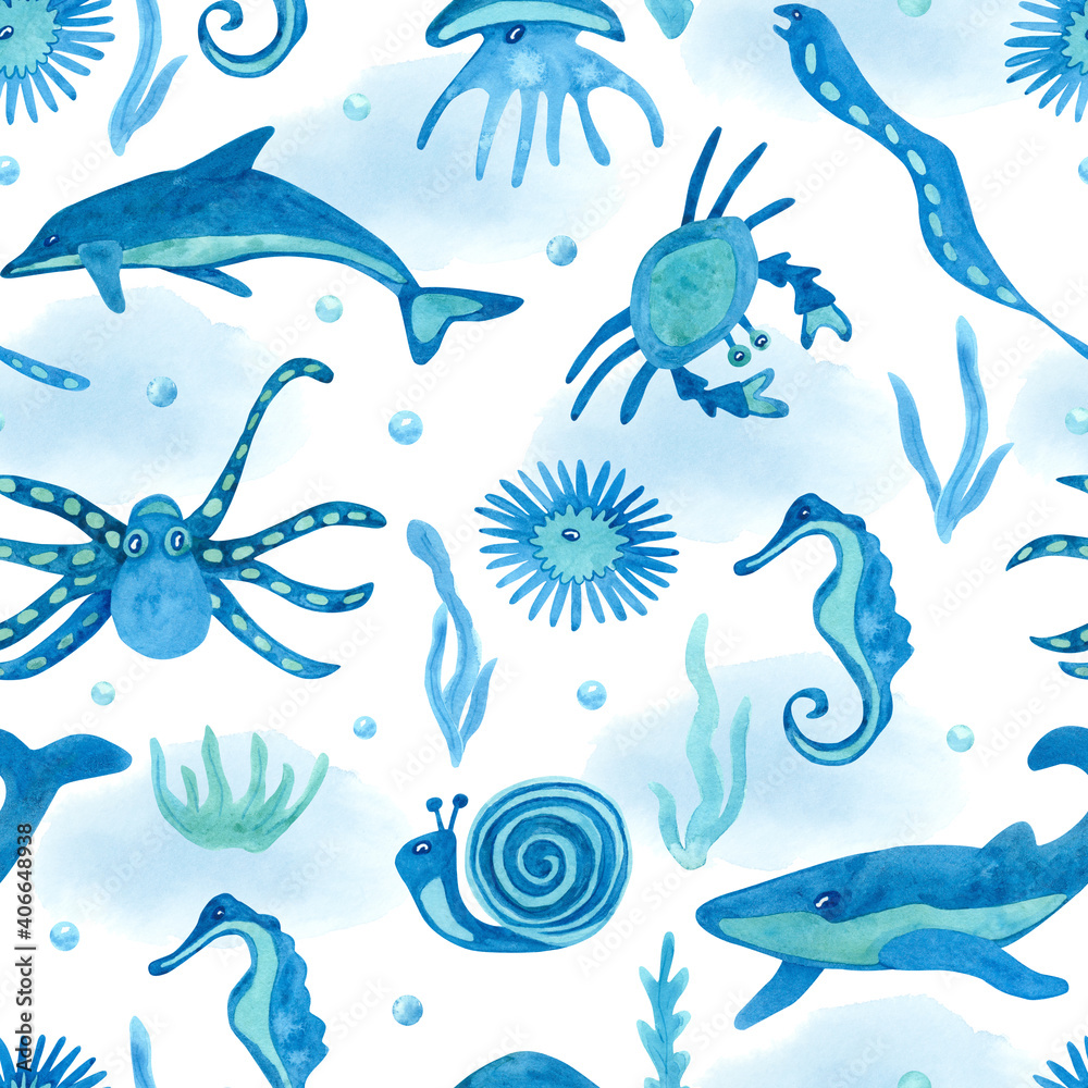 Watercolor seamless pattern with sea creatures on white. Nice blue color. Beautiful textile print. Great for fabrics, wrapping papers, wallpapers, linens, baby clothes. Hand painted illustration. Watercolor seamless pattern with sea creatures on white. Nice blue color. Beautiful textile print. Great for fabrics, wrapping papers, wallpapers, linens, baby clothes. Hand painted illustration.
