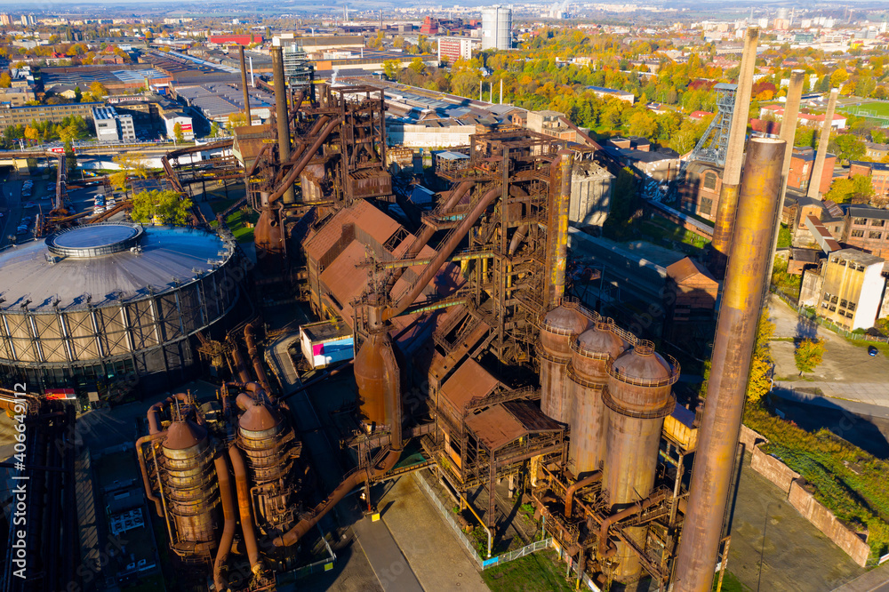 Aerial view of big industrial zone of closed metallurgical factory complex in Ostrava