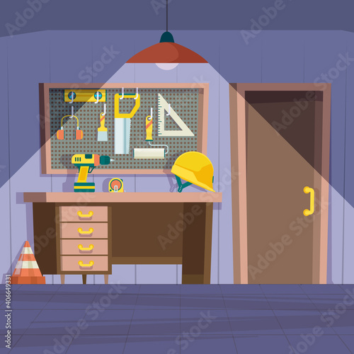 Workshop room. Garage interior with repair tools on wall hammer saw paint workbench garish vector cartoon illustrations. Workshop interior, garage with tools to maintenance