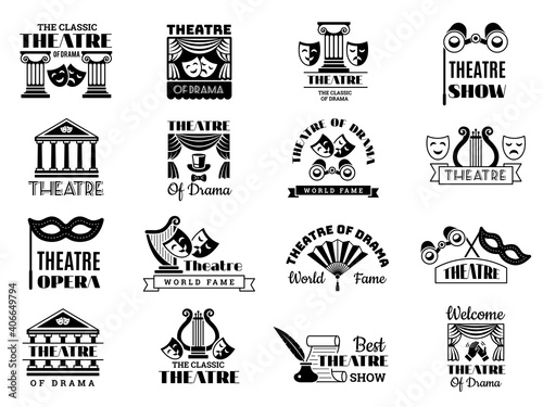 Theatre badges. Broadway emblem entertainment show party vintage logo cinema symbols recent vector illustrations. Theater monochrome entertainment embelem