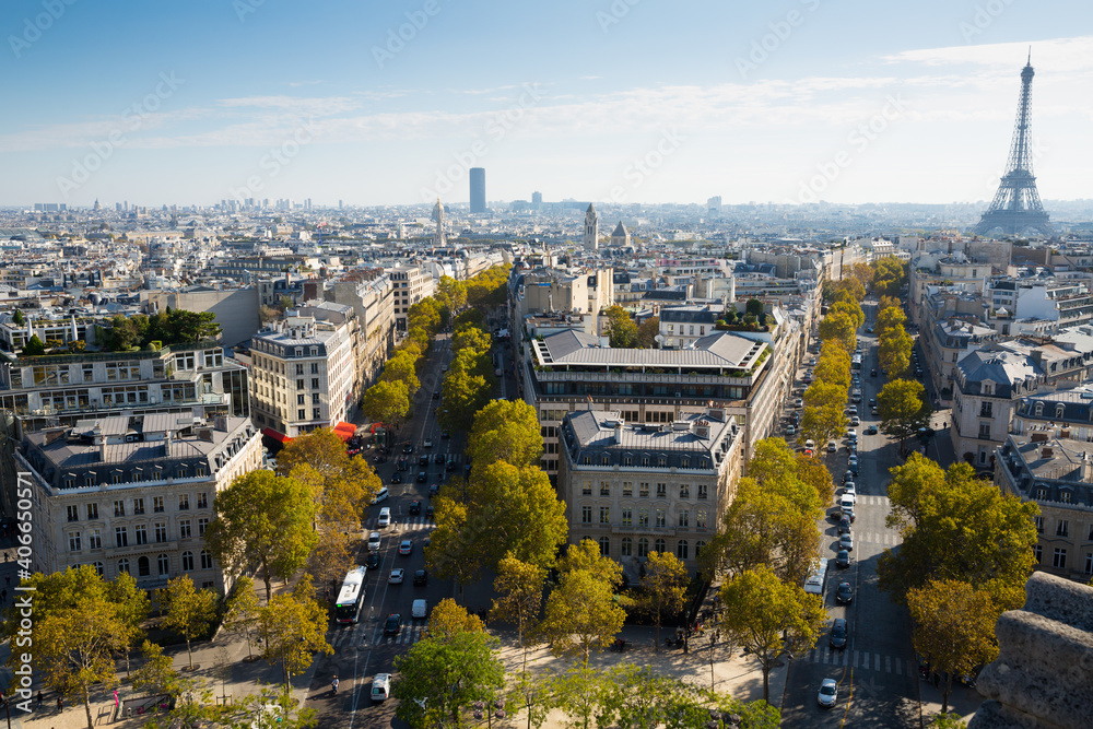 Fototapeta premium Aerial view of european city Paris with Eiffel Tower and apartment view from drones, France