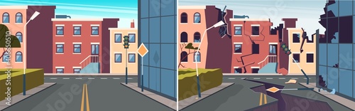 Urban landscape. Damaged city earthquake, broken road and buildings. Whole and destroyed city vector illustration. House building earthquake, city urban landscape after disaster
