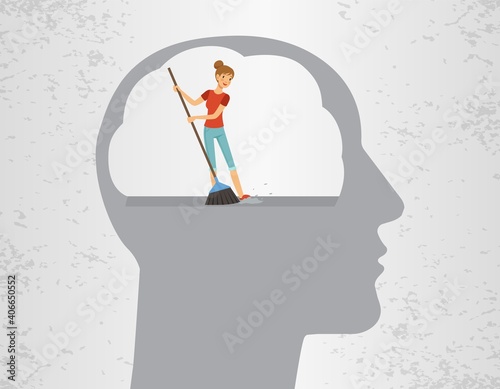 Woman cleaning brain. Psychotherapy metaphor, clean mind or fresh head vector concept. Illustration woman clean brain and mind, mental therapy