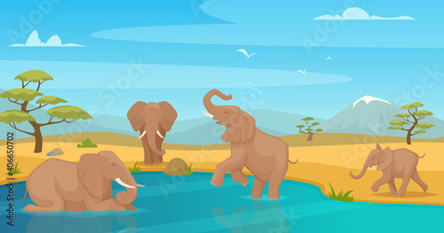 Elephant drink water. Savanna wild animals walking in kenya safari travel exact vector cartoon background. Family elephants in safari africa illustration