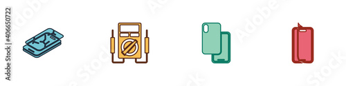 Set Mobile with broken screen, Multimeter, Smartphone and Glass protector icon. Vector.