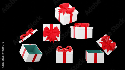collection of the white gift box set and red ribbon