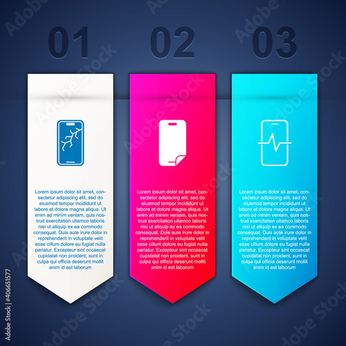 Set Mobile with broken screen, Glass protector and Phone repair service. Business infographic template. Vector.
