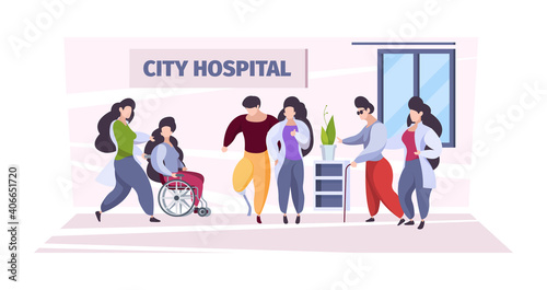 Disabled people care. Medical personal nurses and doctors helping to disabled persons in wheelchairs damages body parts garish vector background. People disabled, nursing medical illustration