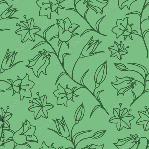 A seamless pattern with the colors of bells. Dark green contour on an angry background. Vector illustration.