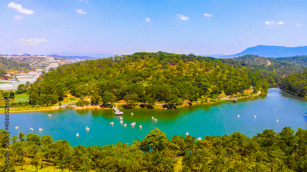 Aerial view of Love Valley park in Dalat, Vietnam is one of the most romantic sites of Da Lat city, with many deep valleys and endless pine forests