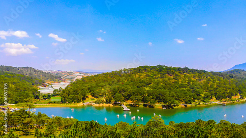 Aerial view of Love Valley park in Dalat, Vietnam is one of the most romantic sites of Da Lat city, with many deep valleys and endless pine forests