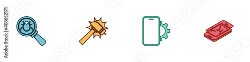 Set System bug, Hammer, Phone repair service and Mobile with broken screen icon. Vector.