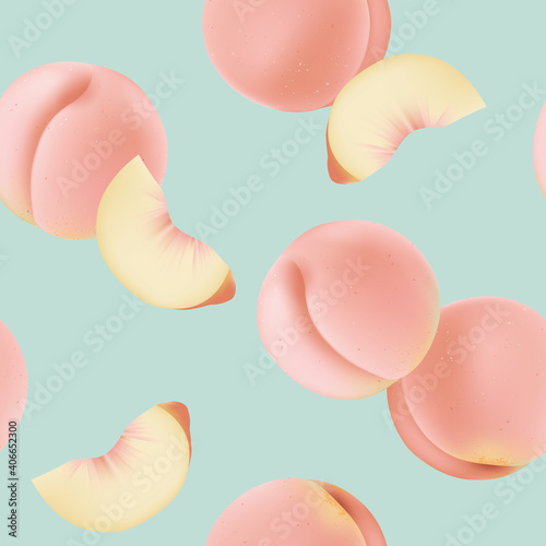 Fruit seamless pattern, pastel peaches on blue