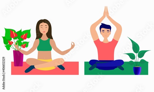 woman and man doing yoga together, pose on the mat, sports at home, anthurium and spathiphyllum, male and female harmony, happiness, vector