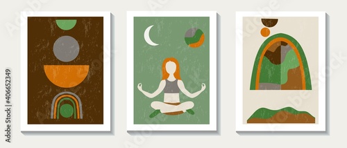 contemporary yoga. Banners in the style of the 70s, Strength and calm, set of three pictures, vector illustration