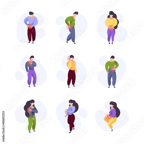 Pain feelings. Human body sickness injury arms pain area on people legs and neck or head garish vector illustrations. Pain feeling knee, headache and elbow