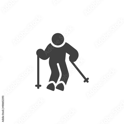 Skier skiing vector icon. filled flat sign for mobile concept and web design. Skiing sport glyph icon. Symbol, logo illustration. Vector graphics