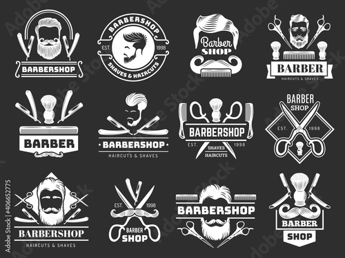 Gentleman logo. Barber shop items scissors blade comb brush hair dryer recent vector labels. Illustration barbershop and haircut badge saloon photo