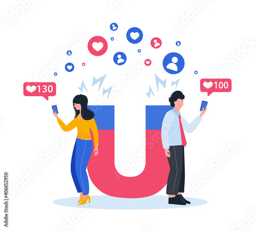 Generating new leads advertising strategy. Marketing magnet engaging followers. social media likes and follows magnetism. 