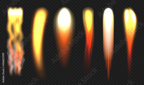Rocket flame. Jets engine fire different shapes fireballs decent vector realistic illustrations. Fire engine, flame and flare, rocket ship startup