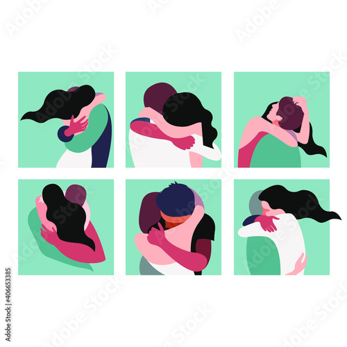 vector stylized illustrations of two hugging people inscribed in a square on the theme of Valentine's Day and International Hug Day. Can be used as web icons, banners, postcards, flyers, backgrounds.