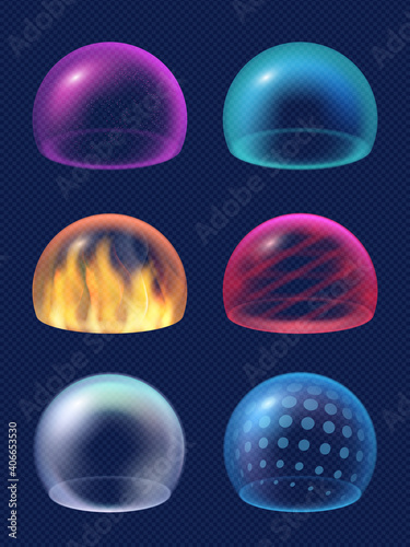 Sphere shield. Protective energy safety circles reflection geometrical transparent shapes decent vector realistic collection. Safety protection, futuristic effect force defense illustration