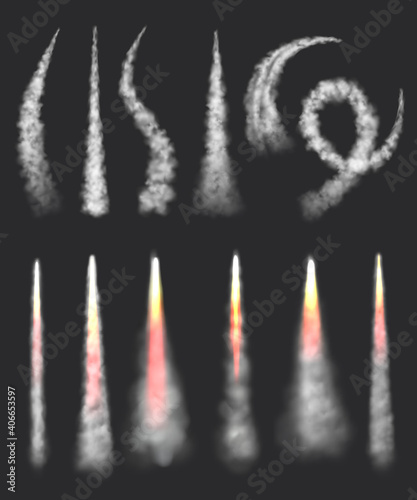 Aircraft swirl clouds. Aviation jet smoke spaceship steam vapour condensation smoke decent vector realistic illustrations. Rocket aviation speed fly with tail steam