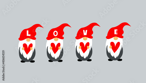 Cute four valentine gnomes holding hearts isolated on grey. Vector flat illustration.