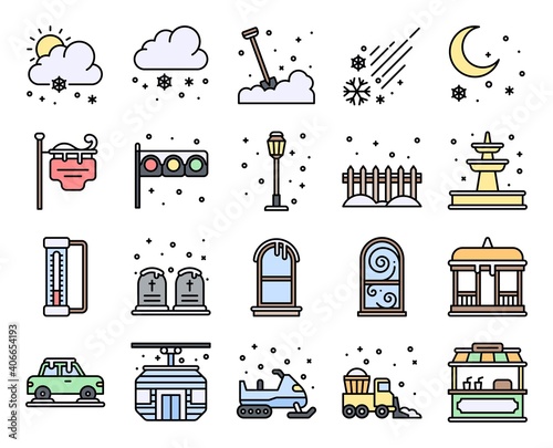 Winter City related filled vector icon set 2