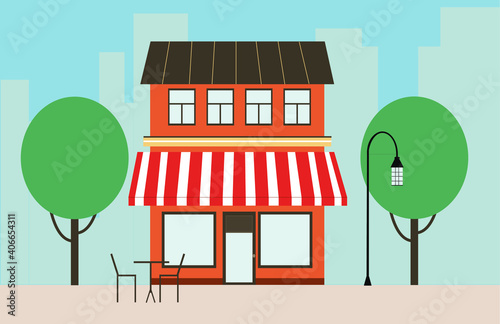 Vector flat ullustration. Street cafe outdoor with tree and city background. 