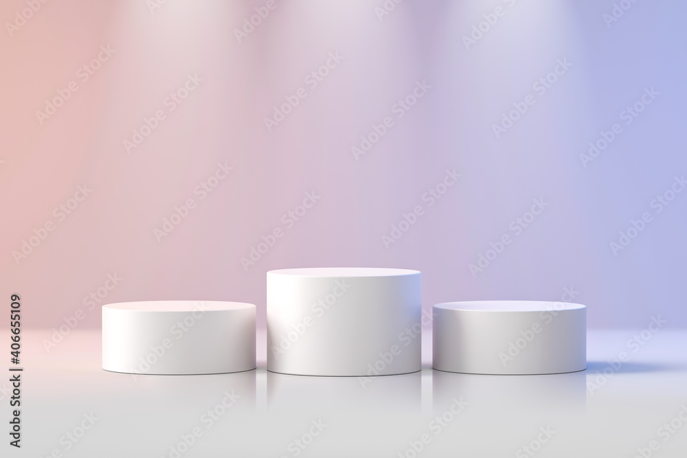 White product background stand or podium pedestal on advertising display with blank backdrops. 3D rendering. White product background stand or podium pedestal on advertising display with blank backdrops. 3D rendering.