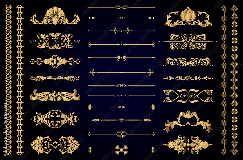 Naklejka premium Set of gold decorative elements for book decoration, holidays and wedding decor, vector illustration