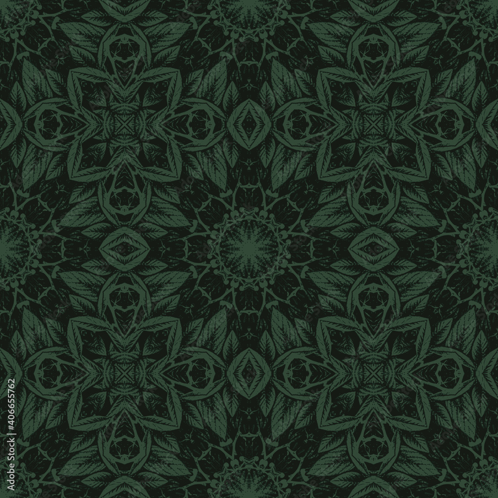 Seamless pattern with dark green foliage. Floral traditional geometric ornament.