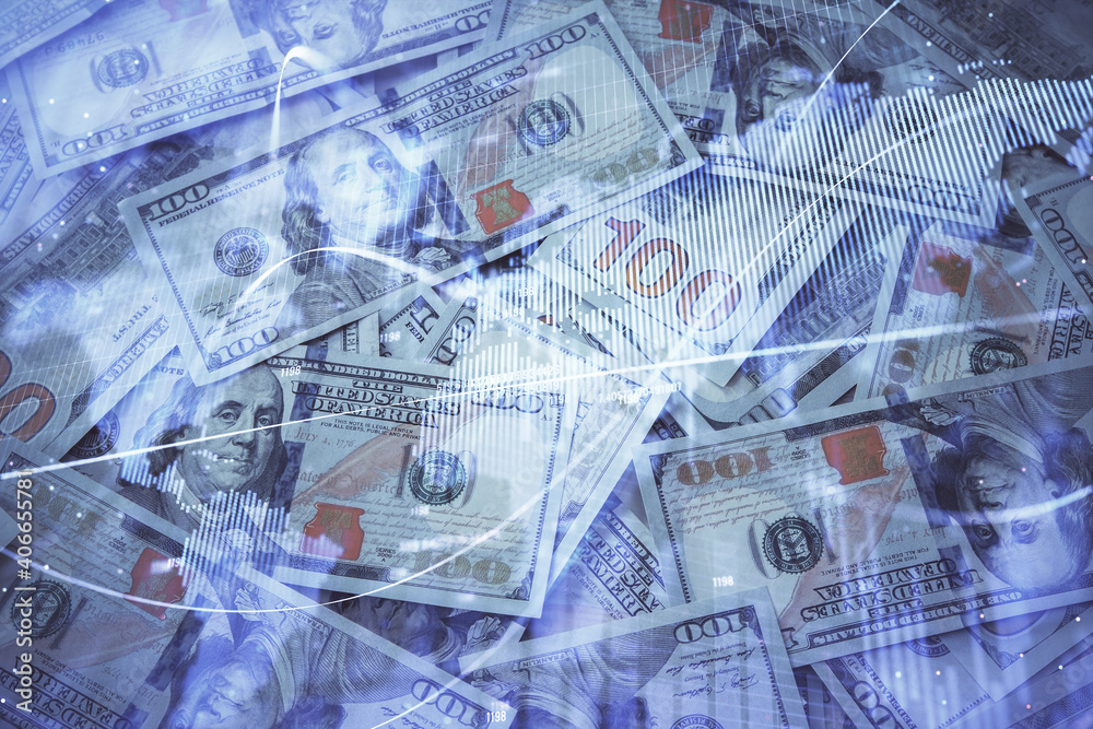 Double exposure of forex graph drawing over us dollars bill background. Concept of financial markets. Double exposure of forex graph drawing over us dollars bill background. Concept of financial markets.