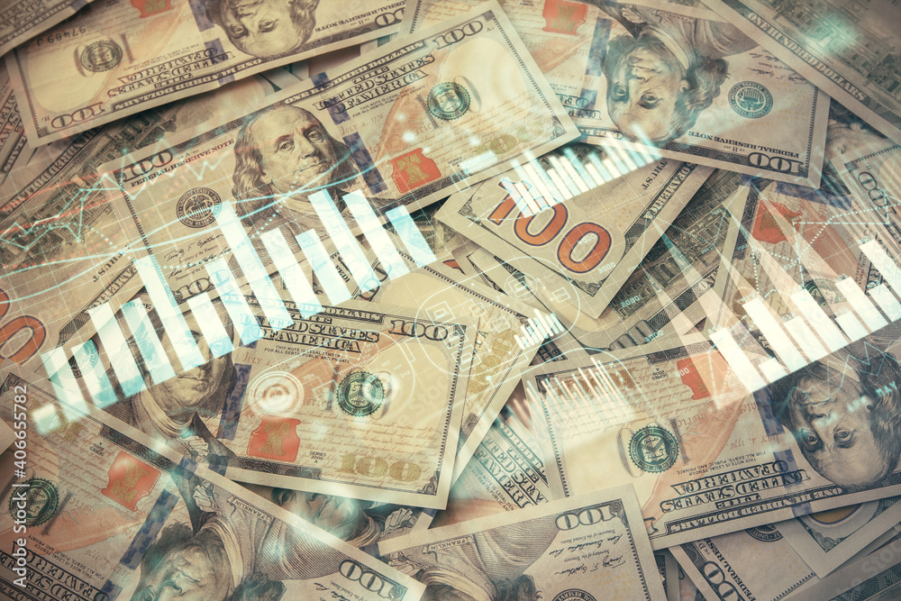 Multi exposure of forex chart drawing over us dollars bill background. Concept of financial success markets. Multi exposure of forex chart drawing over us dollars bill background. Concept of financial success markets.