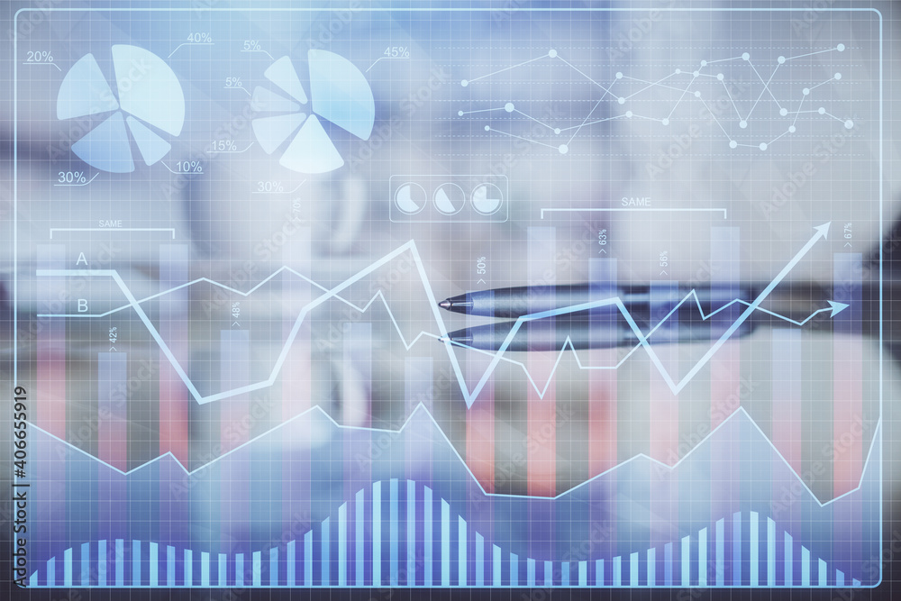 Double exposure of forex chart over coffee cup background in office. Concept of financial analysis and success. Double exposure of forex chart over coffee cup background in office. Concept of financial analysis and success.