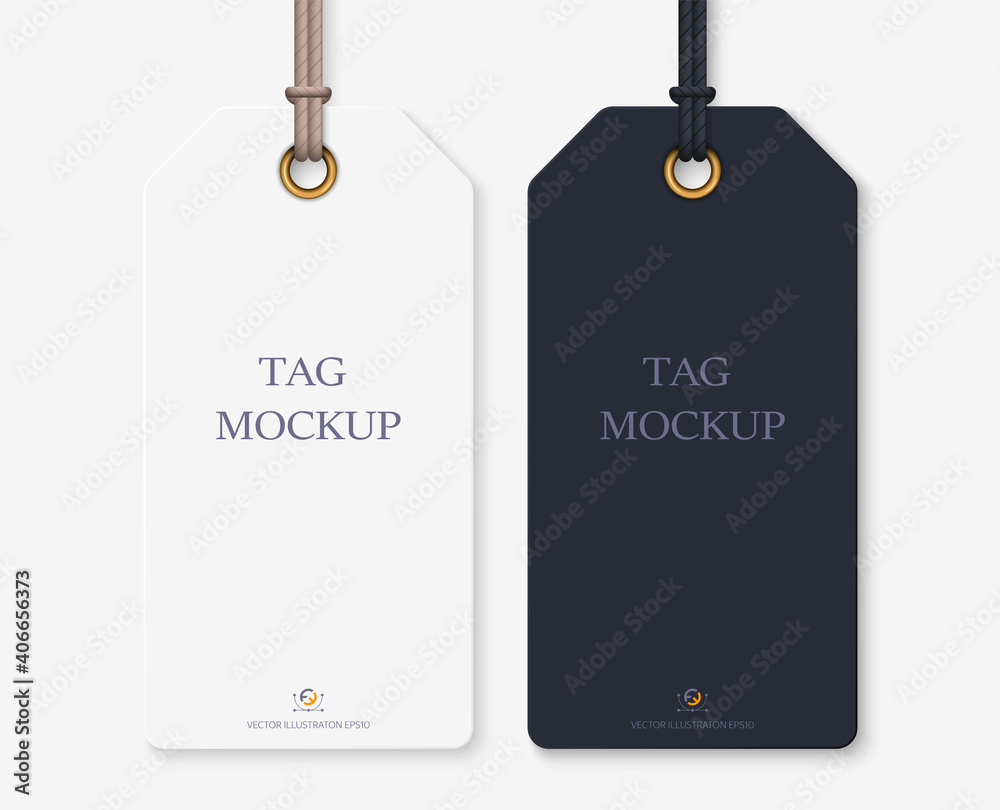 Realistic tag mockup: blank whute and black tag for your design. isolated on light transparent background. Vector illustration EPS10.