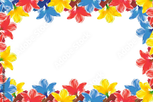 Frame of red, yellow and blue flowers. Lily flowers. Copy space.